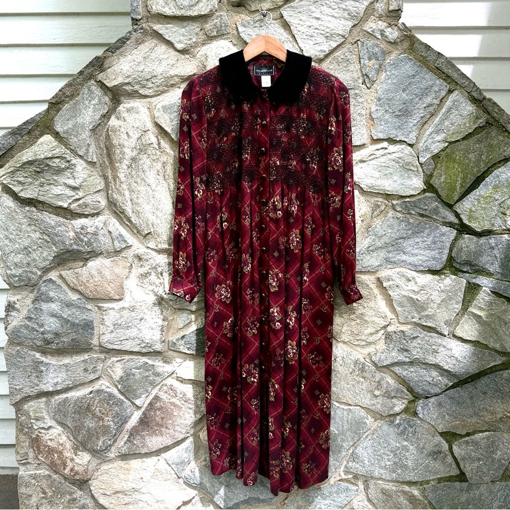 Vintage 90s Smocked Floral & Plaid Button Down Midi Dress